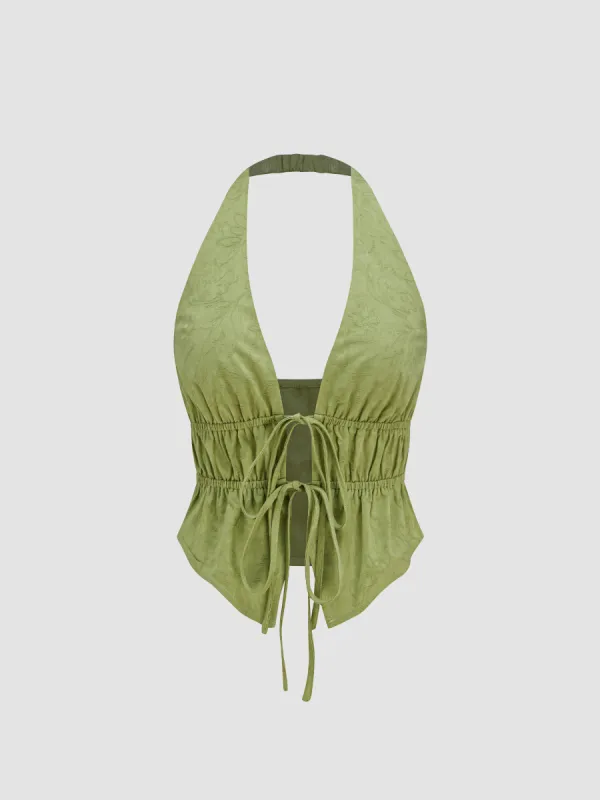 Halter V-neck Knotted Ruched Crop Top  sold by Cider