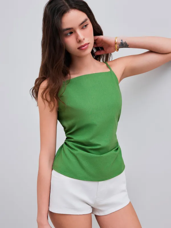 Linen-blend Square Neck Solid Ruched Knotted Cami Top sold by Cider