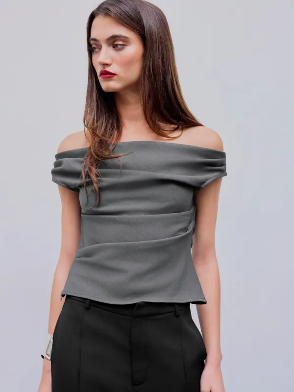 Off-shoulder Ruched Zipper Crop Top sold by Cider