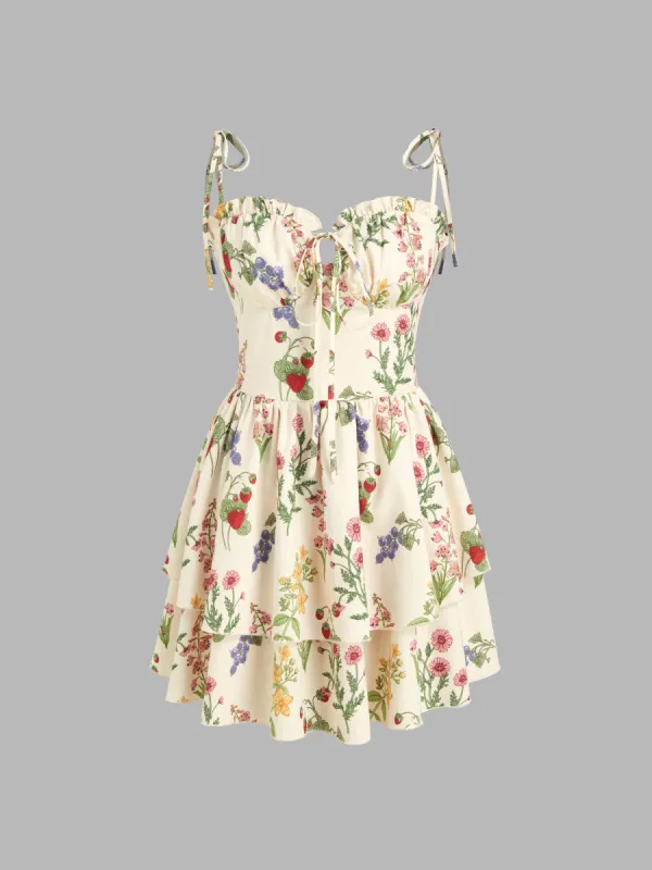 Woven Floral & Fruit Ruffle Hem Knotted Layered Mini Dress sold by Cider