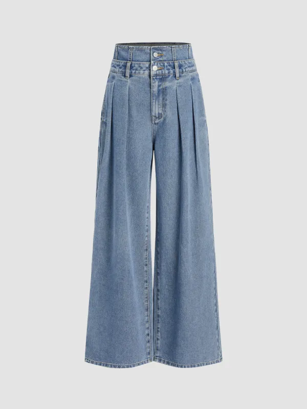 Double Waist Solid Button Wide Leg Jeans sold by Cider