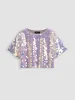 Sequin Round Neckline Solid Short Sleeve Tee sold by Cider