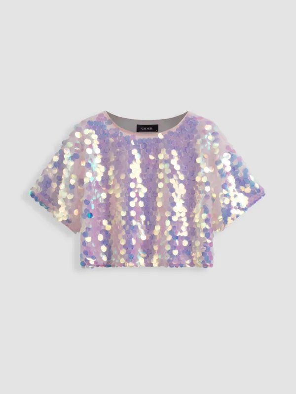 Sequin Round Neckline Solid Short Sleeve Tee sold by Cider