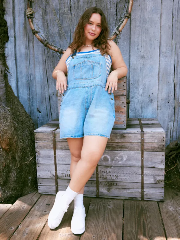 Denim Solid Buckle Pocket Romper Curve & Plus sold by Cider