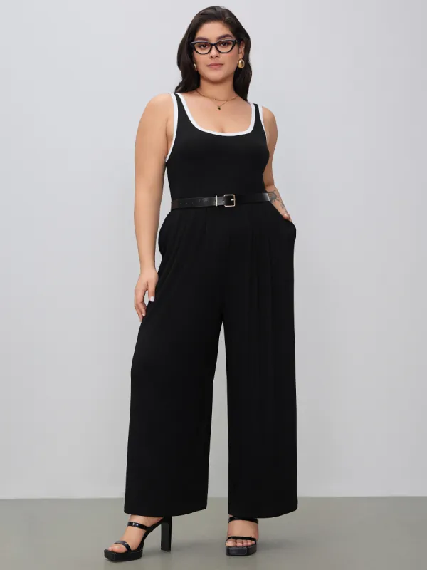 U-neckline Contrasting Trim Solid Jumpsuit Curve & Plus sold by Cider