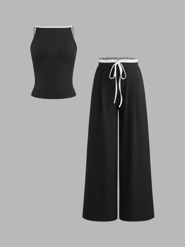 Square Neck Solid Contrasting Binding Tank Top & Mid Rise Wide Leg Trousers sold by Cider