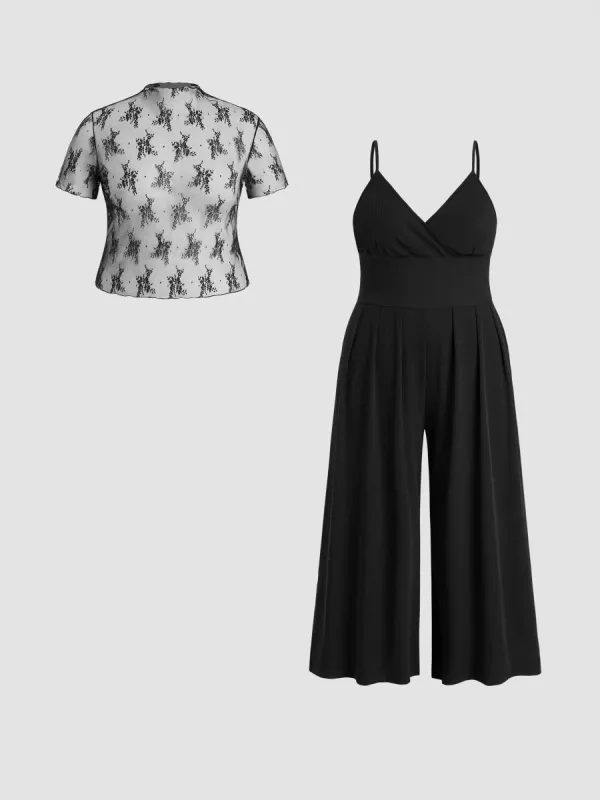 Lace See-through Top & V Neck Wide Leg Jumpsuit Curve & Plus sold by Cider