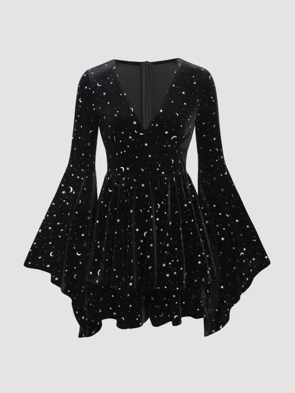 Velvet V-neck Star & Moon Pattern Bell Sleeve Romper sold by Cider