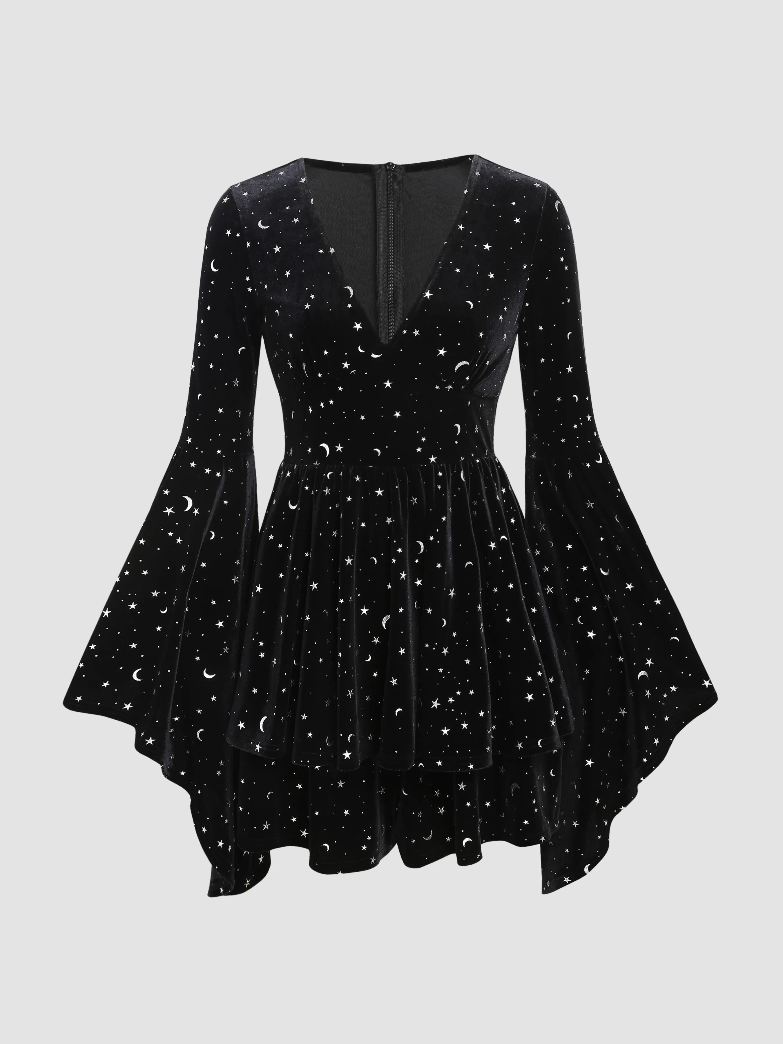 Velvet V-neck Star & Moon Pattern Bell Sleeve Romper sold by Cider