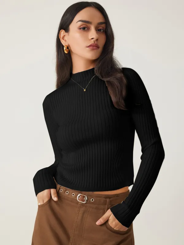 Rib Knit Stand Neck Solid Long Sleeve Top sold by Cider