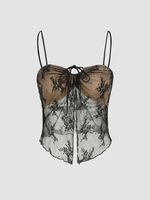 Tie Up Lace Floral Cami Crop Top sold by Cider