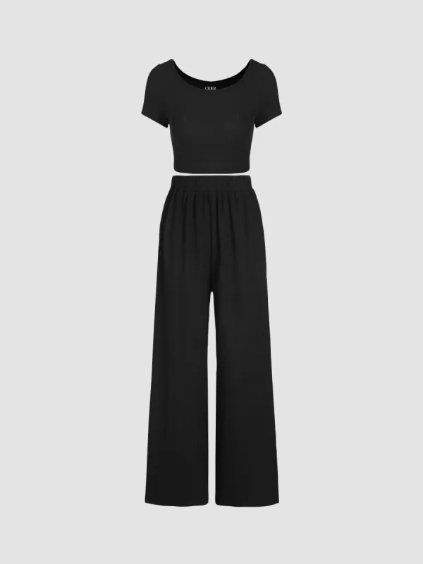Knitted Short Sleeve Crop Top & Wide Leg Trousers Set sold by Cider
