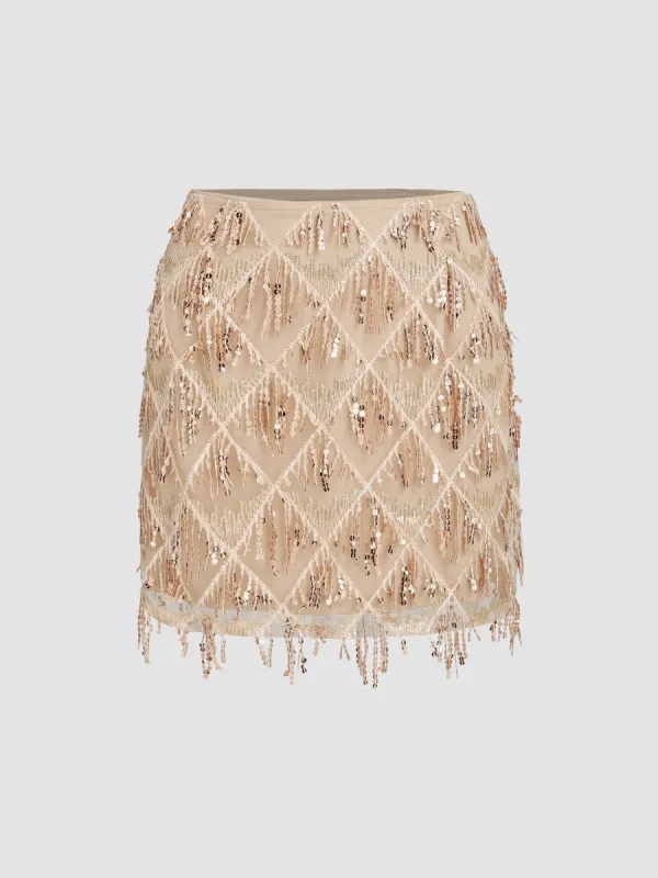 Sequins Tassel Mid Waist Mini Skirt sold by Cider