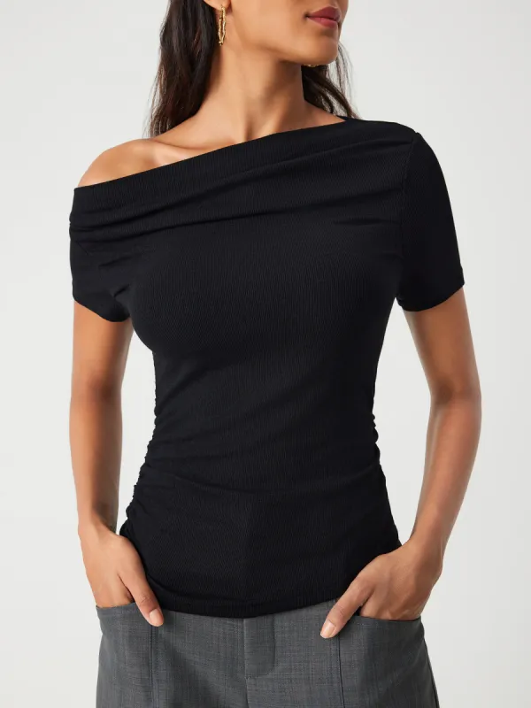 Asymmetrical Neck Ruched Short Sleeve Top sold by Cider
