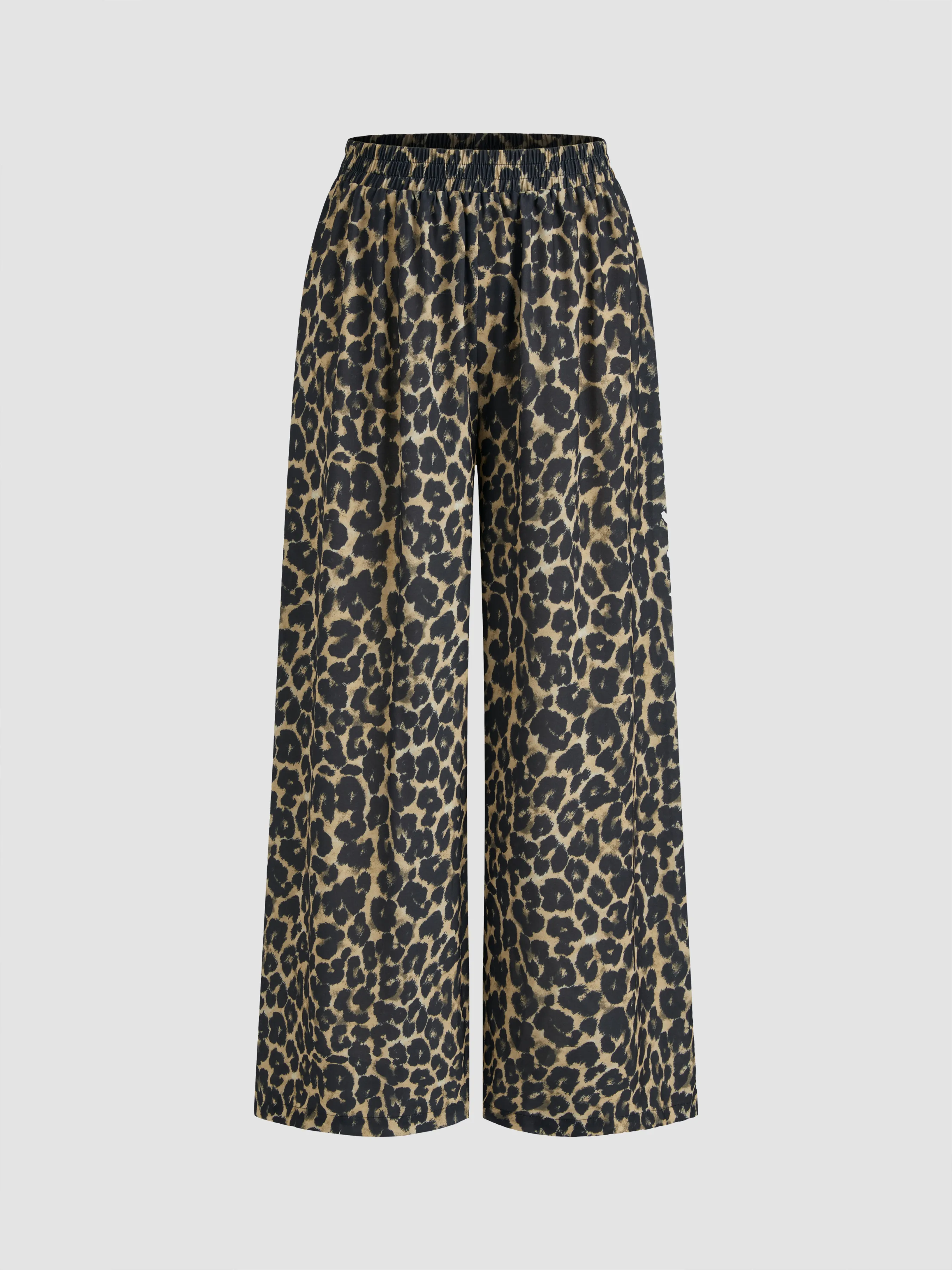 Mid Rise Elastic Waist Leopard Wide Leg Trousers sold by Cider