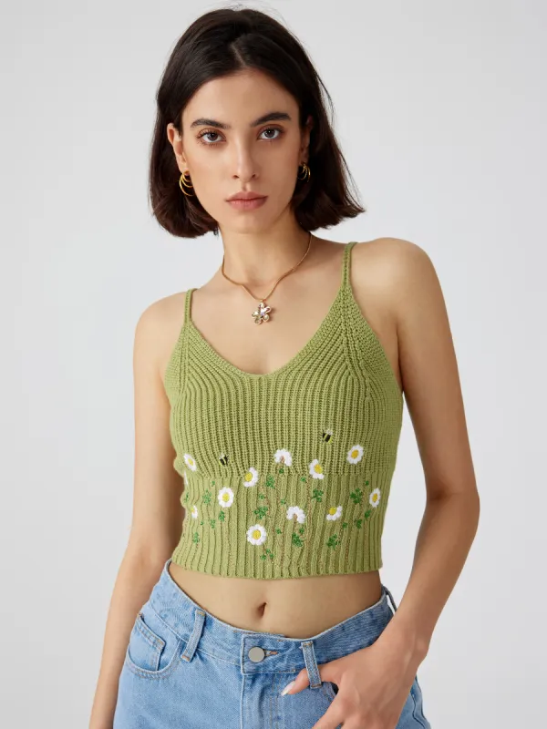 Knit Floral Scoop Neckline Crop Tank Top sold by Cider