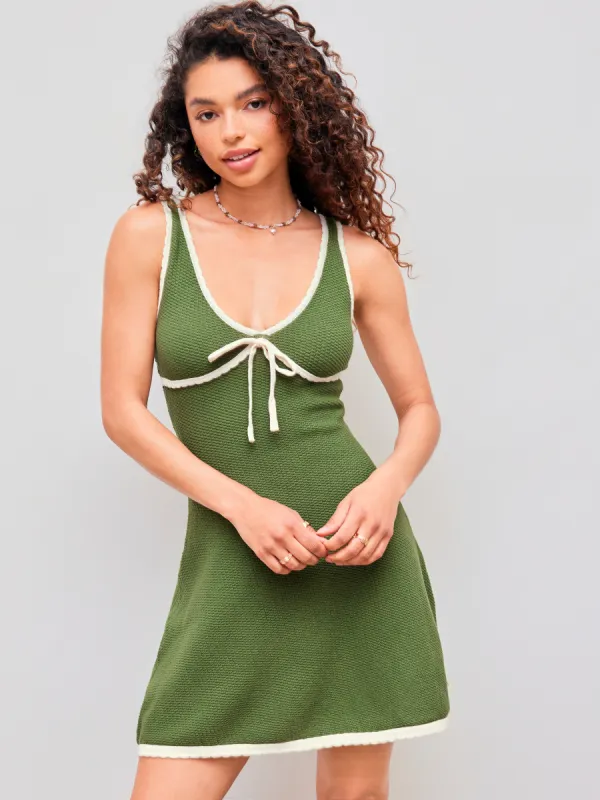 Knitted V-neck Solid Contrasting Binding Knotted Mini Dress sold by Cider