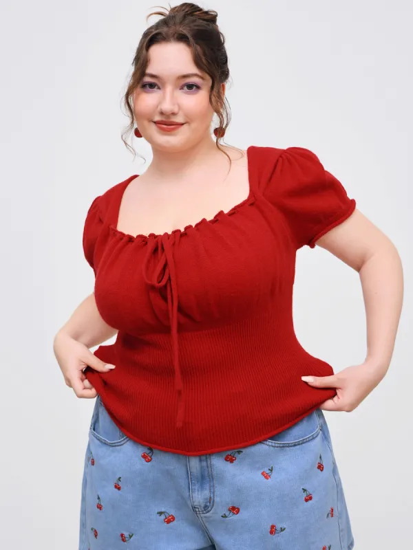 Knitted Square Neck Solid Knotted Short Sleeve Top Curve & Plus sold by Cider