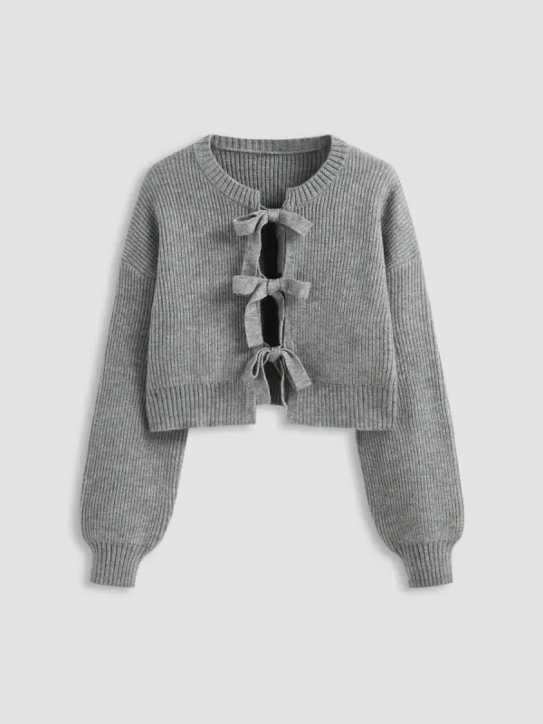 Knit Round Neckline Solid Tie Front Cardigan sold by Cider