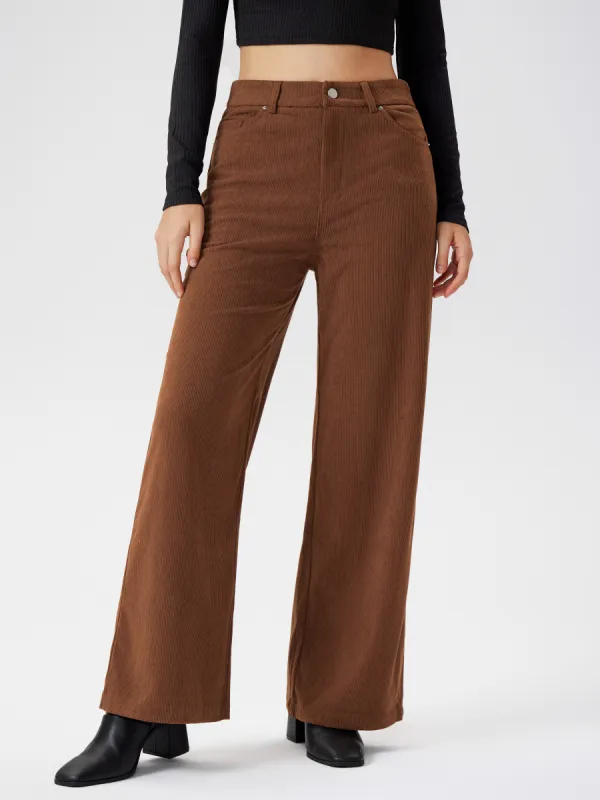 Corduroy Mid Waist Solid Zipper Wide Leg Trousers sold by Cider