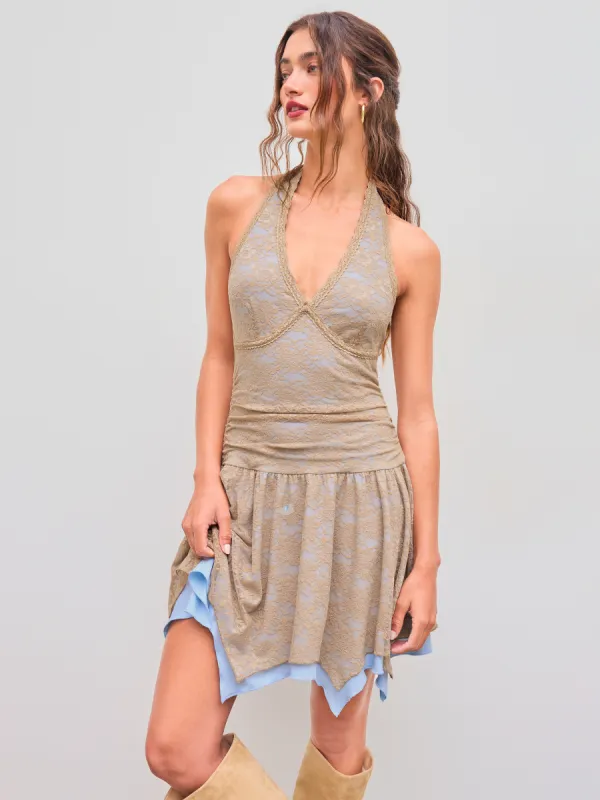 Lace Halter Neckline Two Tone Ruched Ruffle Layered Mini Dress sold by Cider