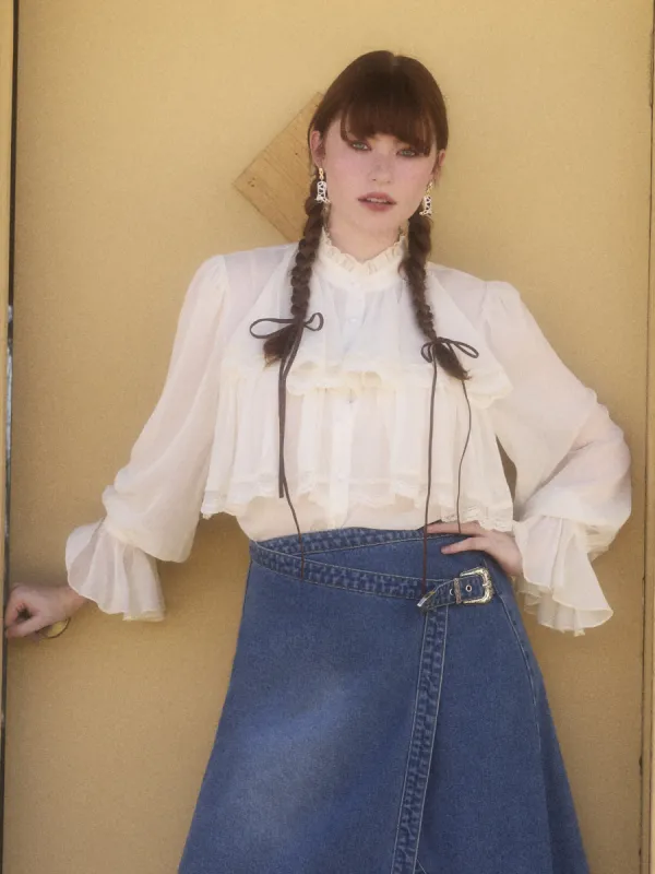 Chiffon High Neck Soild Lace Faux Pearl Long Sleeve Blouse sold by Cider