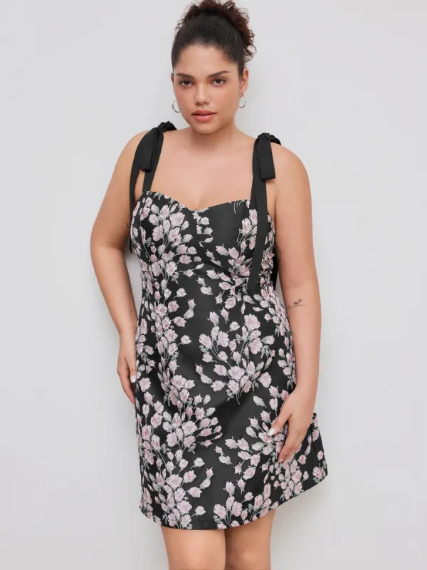 Jacquard Square Neck Floral Knotted Shirred Mini Dress Curve & Plus sold by Cider