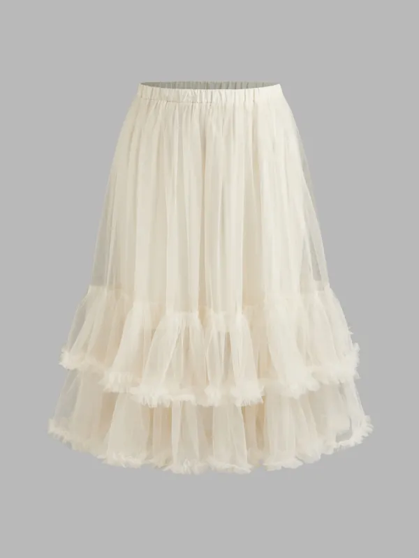 Mesh Mid Rise Layered Tulle Ruffle Hem Solid Maxi Skirt Curve & Plus sold by Cider