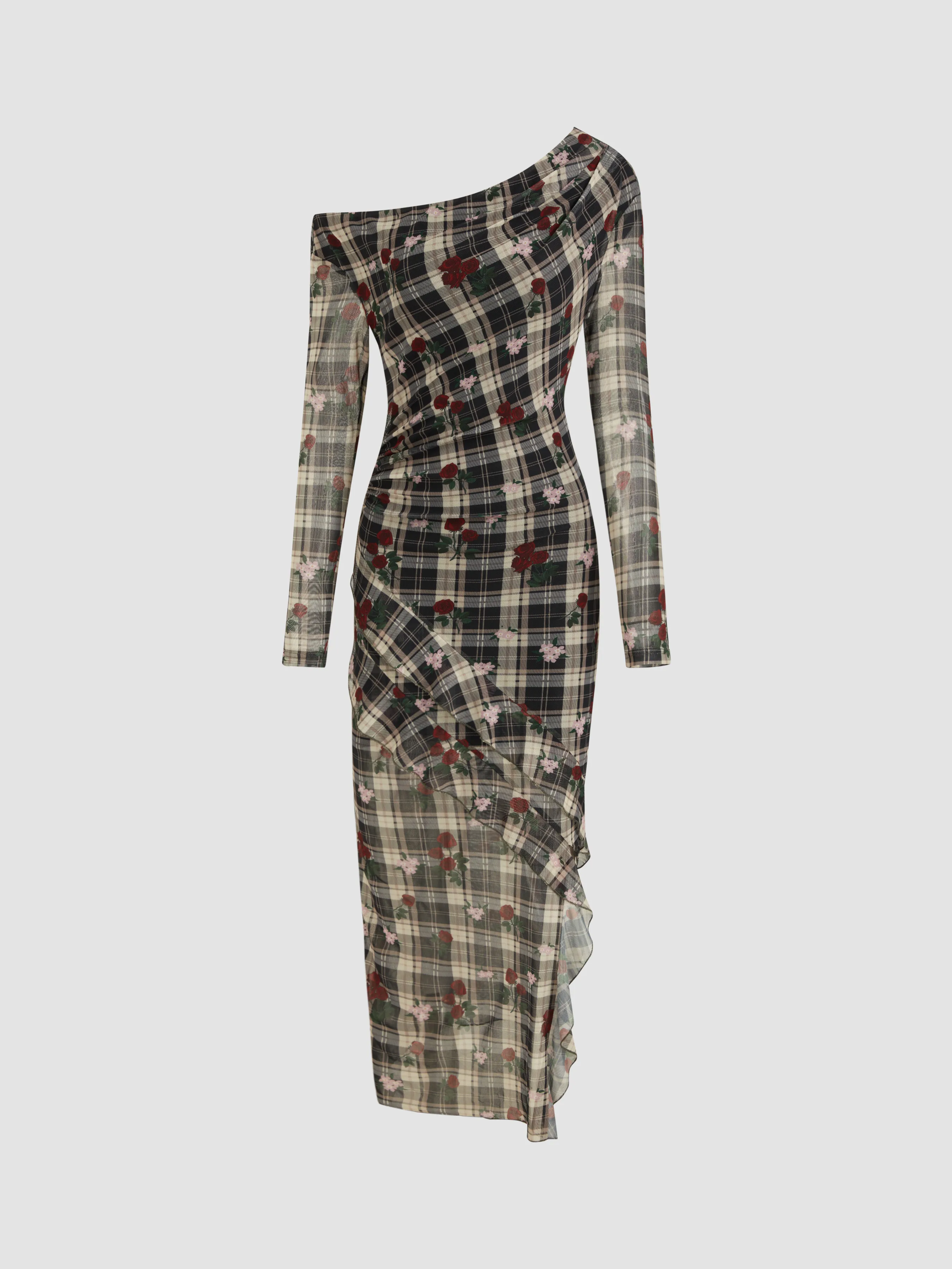 Mesh Asymmetrical Neck Floral Checks Ruffle Hem Maxi Dress sold by Cider