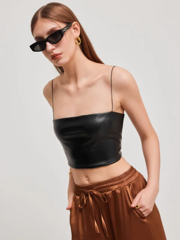 Faux Leather Square Neck Solid Crop Cami Top sold by Cider