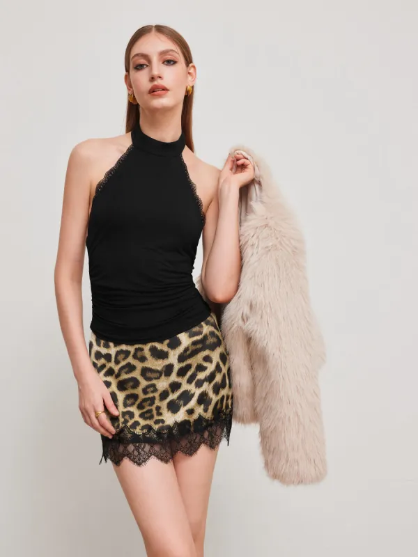Halter Neckline Lace Ruched Backless Tank Top sold by Cider