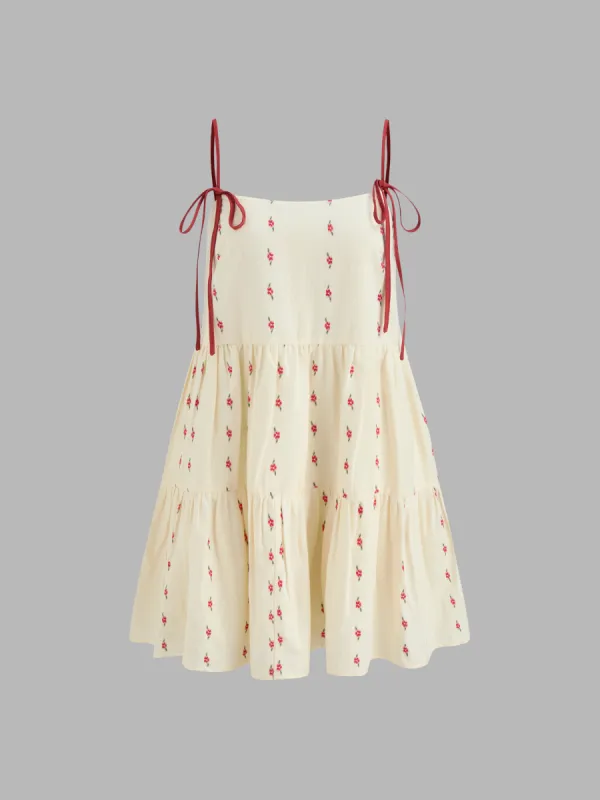 Cotton-blend Square Neck Floral Ruffle Knotted Tiered Mini Dress sold by Cider