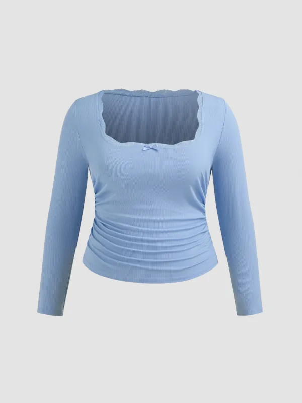 Square Neck Solid Lace Trim Bowknot Ruched Long Sleeve Jersey Top Curve & Plus sold by Cider