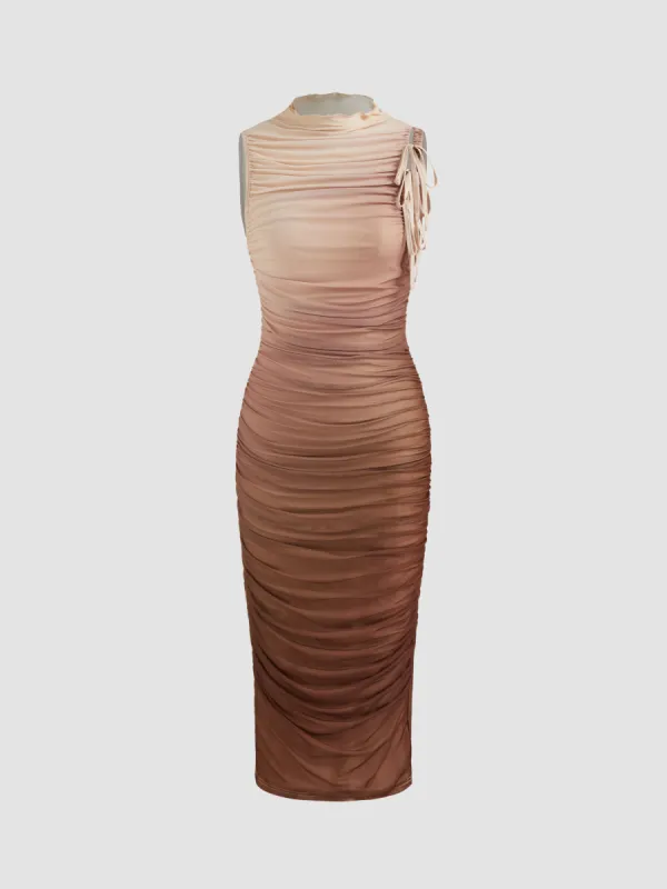 Mesh High Neck Gradient Ruched Knotted Midi Dress sold by Cider
