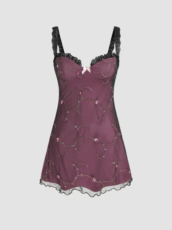 Jacquard Floral Bow Lace Trim Mini Dress sold by Cider