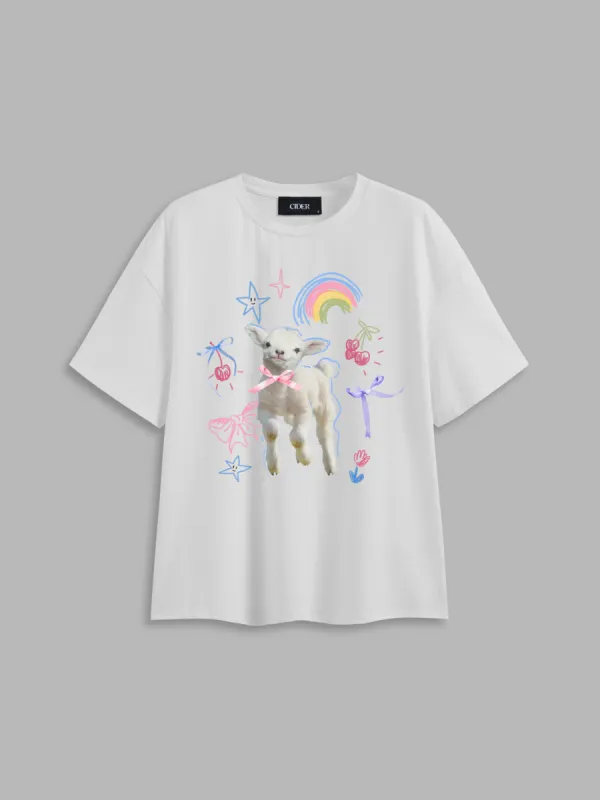 Round Neckline Sheep Graphic Bowknot Short Sleeve Oversized Tee sold by Cider