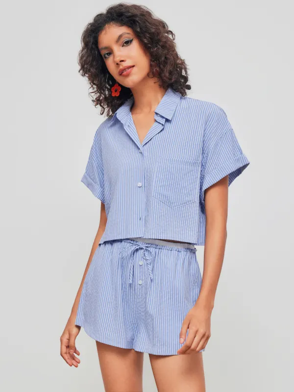 Collar Striped Pocket Roll Hem Oversized Short Sleeve Crop Shirt sold by Cider