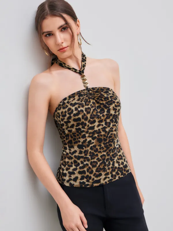 Halter Neckline Leopard Knotted Top sold by Cider