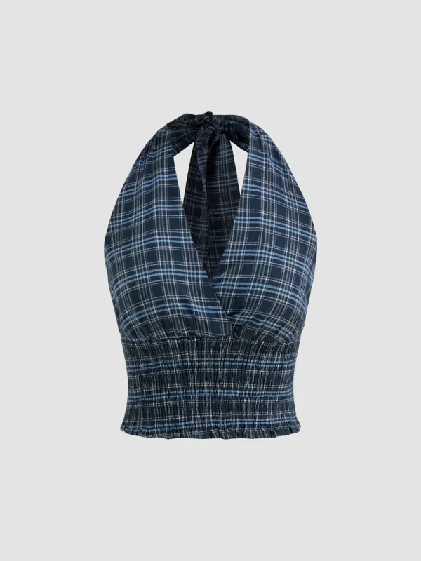 Halter Neckline Check Shirred Knotted Crop Top sold by Cider