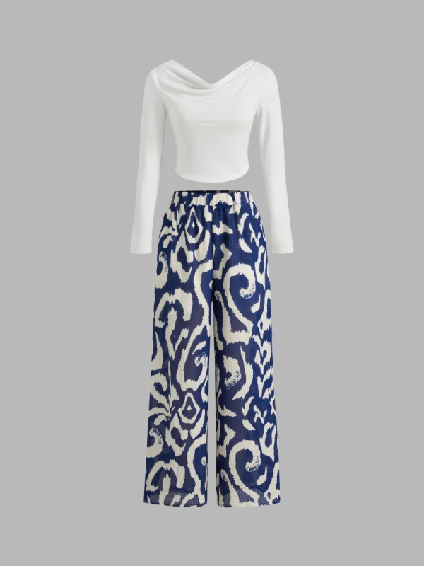 Cowl Neck Solid Long Sleeve Top & Mid Rise Abstract Graphic Wide Leg Trousers Set sold by Cider