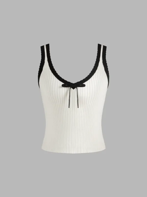 Knit U-neckline Contrasting Binding Bowknot Tank Top sold by Cider