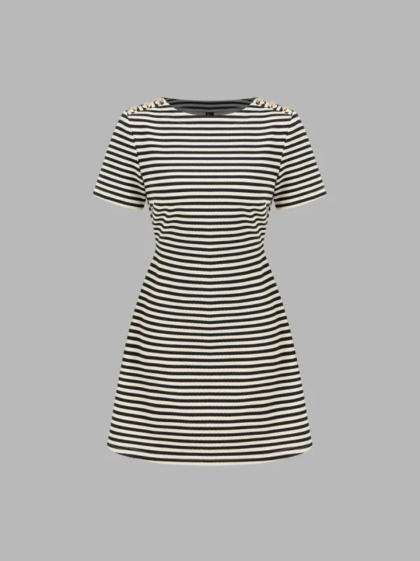 Round Neckline Striped Button Short Sleeve Mini Dress sold by Cider