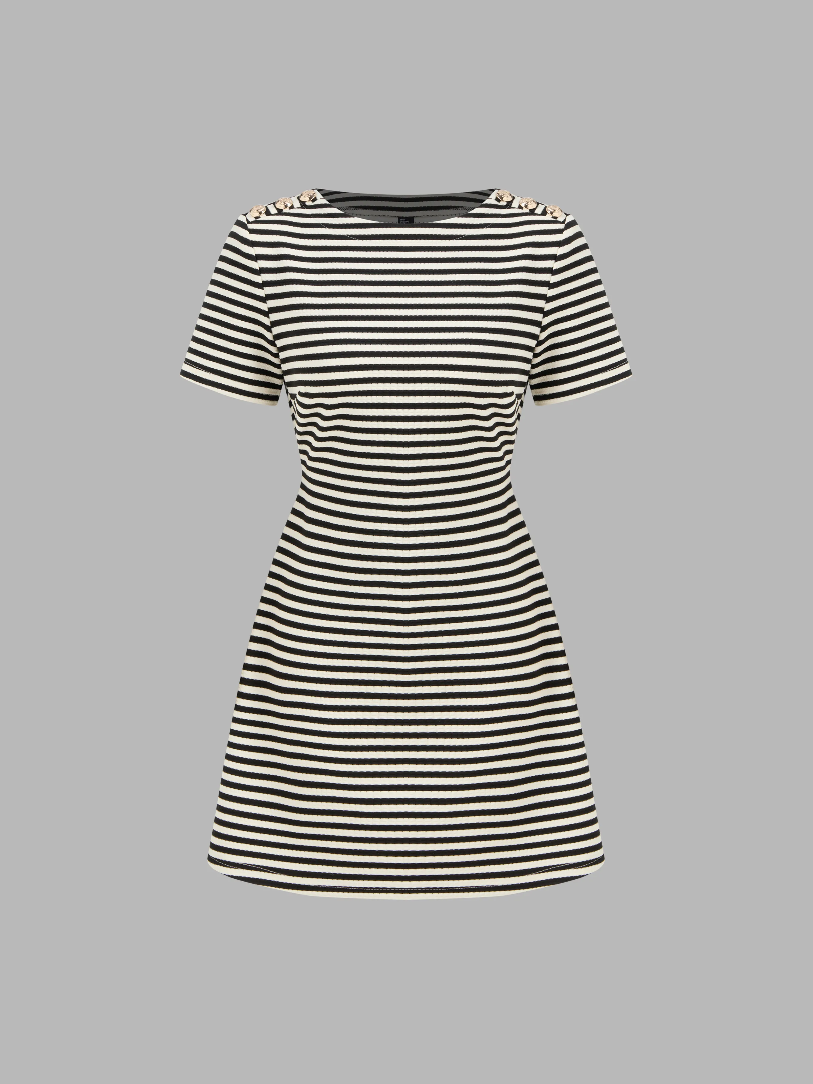 Round Neckline Striped Button Short Sleeve Mini Dress sold by Cider