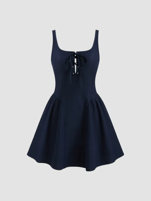 Linen-blend Square Neck Solid Lace Up Corset Ruffle Mini Dress sold by Cider
