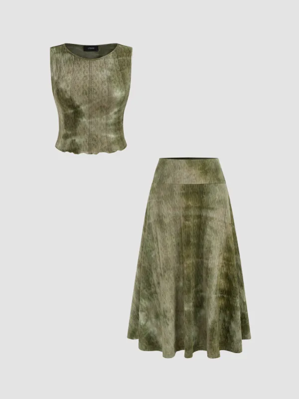 Round Neckline Tie Dye Lettuce Trim Crop Tank Top & Mid Rise Ruffle Midi Skirt Set sold by Cider