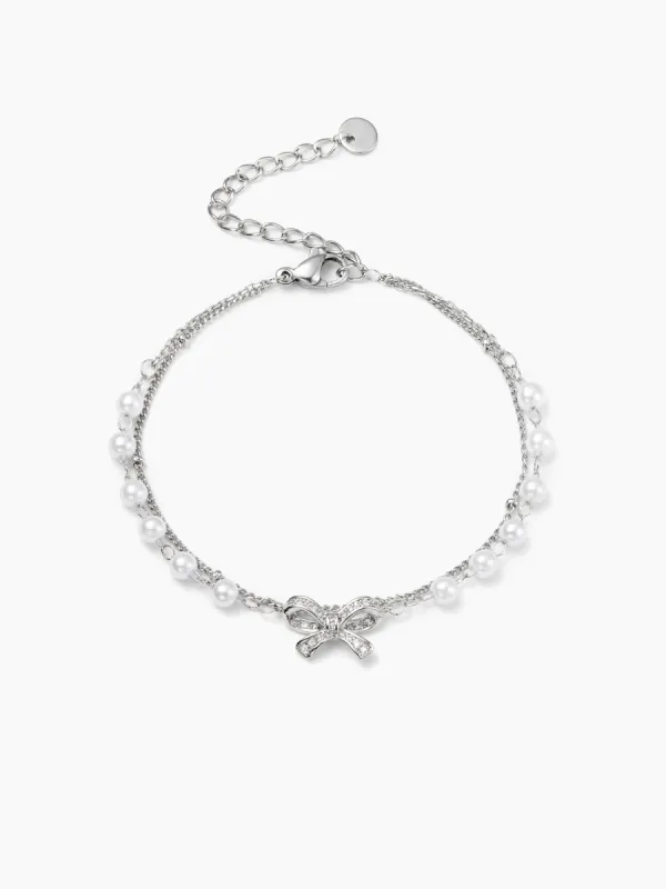 RHINESTONE BOWKNOT FAUX PEARL LAYERED CHAIN BRACELET made by Cider