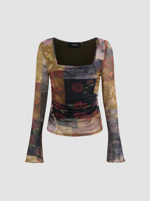 Mesh Square Neck Floral Patchy Lettuce Trim Ruched Long Sleeve Top sold by Cider
