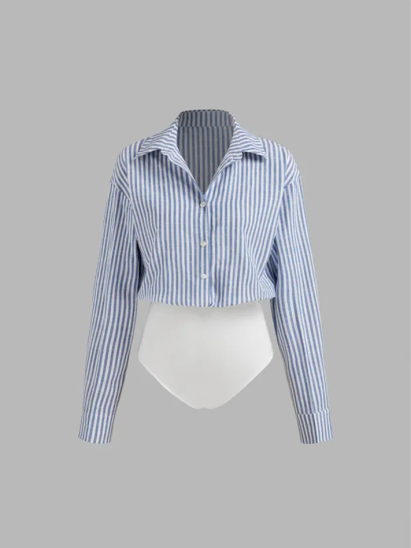 Cotton-blend Collar Striped Button Shirt Bodysuit sold by Cider