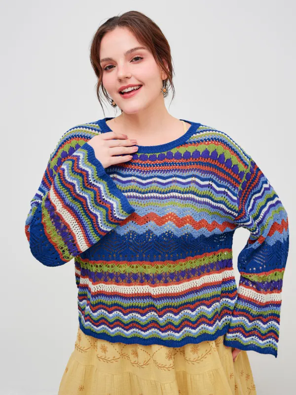 Knitted Round Neckline Striped Hollow Out Long Sleeve Top Curve & Plus sold by Cider