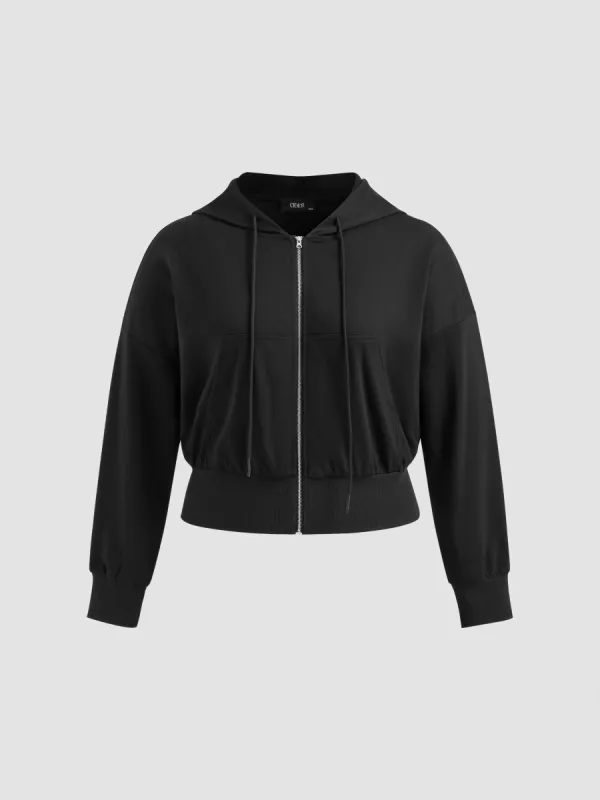 Cotton-blend Round Neckline Solid Drawstring Zipper Hoodie Curve & Plus sold by Cider